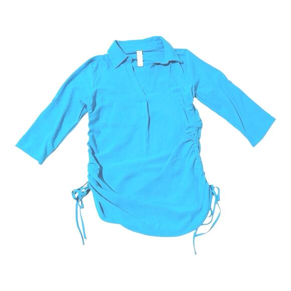 Swimsuit Cover-up - Blue- 3/4 Rolled Sleeves - Ruched with Ties - Small/Medium - Picture 3 of 14